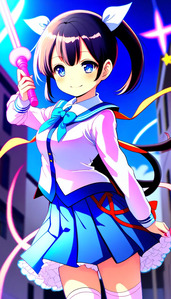 magical girl, little girl, blue short twin tail, smile, (highly detailed hair), (japanese anime), school uniform, magic wand, full body / bad anatomy, open mouth / 10