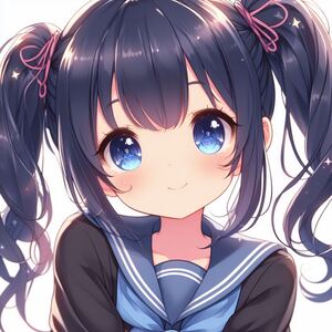以下のイラストを描いて: 1 little girl, loli, short:10 twintails, dark blue hair, little smile, eye highlight, white background